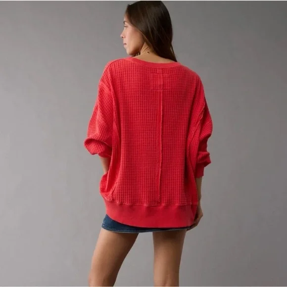 American Eagle Outfitters Women's Oversized Big Hug Waffle Crew Neck Sweatshirt - Picture 2 of 12